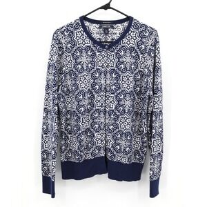 Lands End Supima Cotton Nordic‎ Cardigan L Navy White Classic Prep Timeless Knit